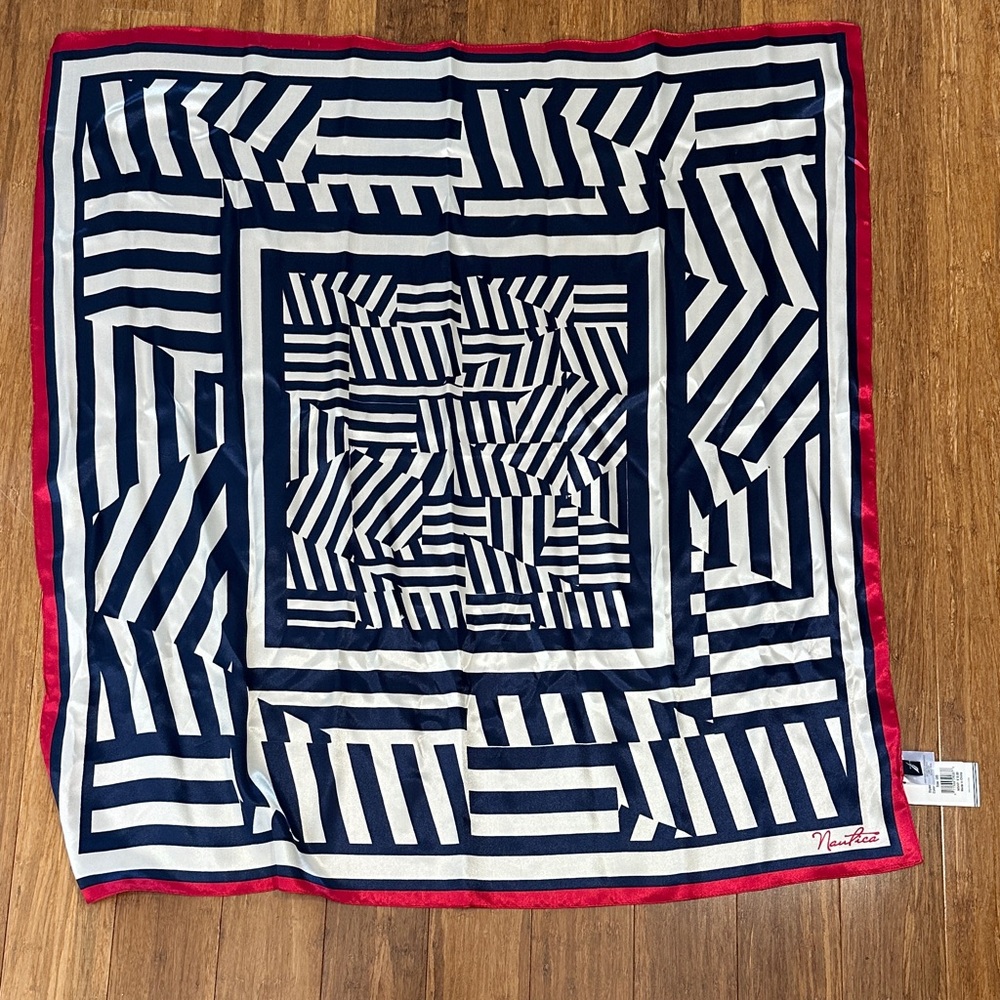 Nautica Geometric Navy and White Scarf with Red Trim